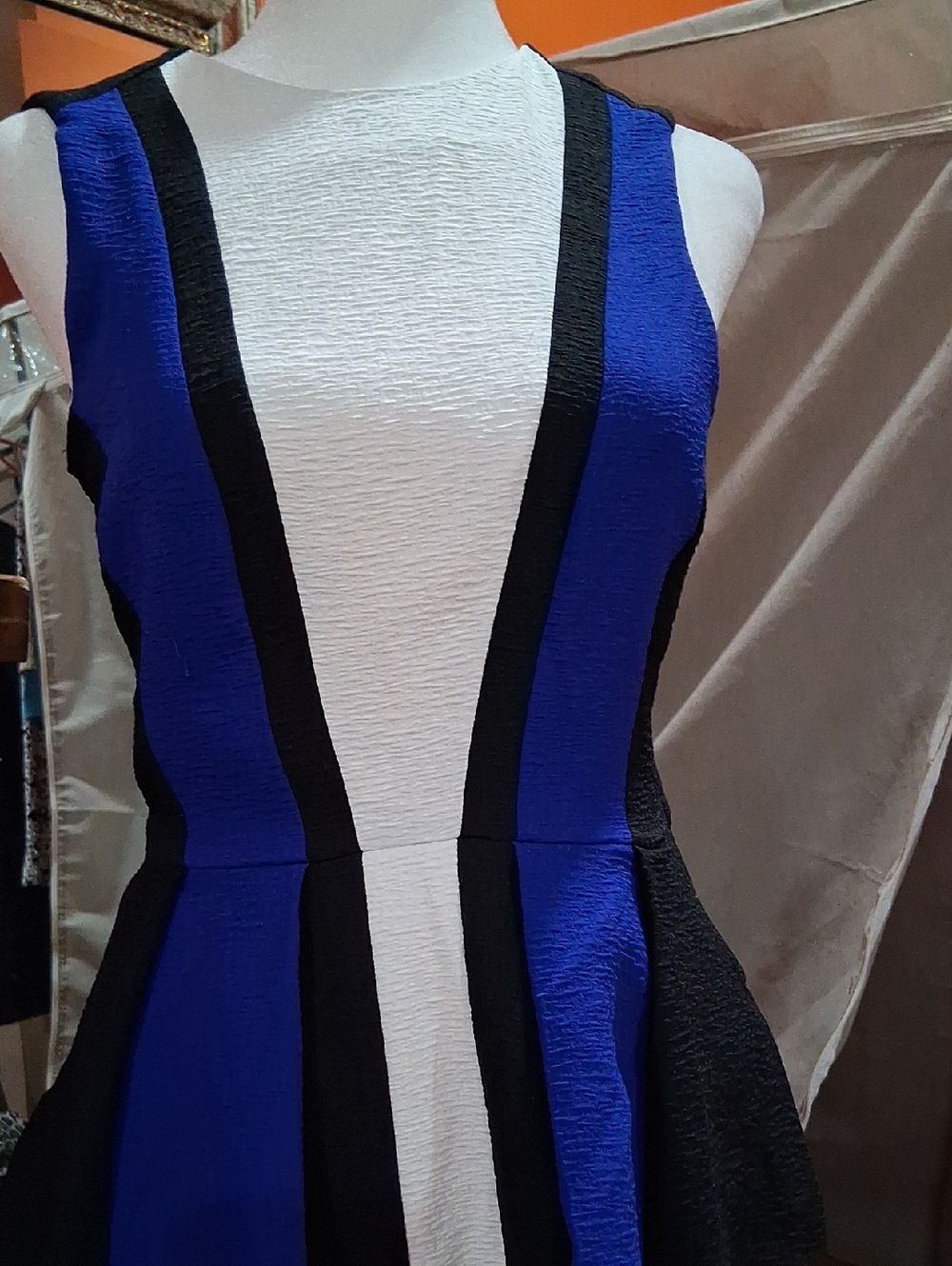 H&M Blue, White & Black Sleeveless Fit-and-Flare Mini Dress